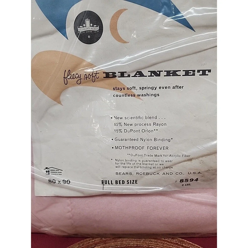 VTG Harmony House For Sears Pink Fleecy Soft Blanket 80 X 90 New W Tags 1960s